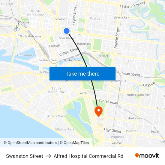 Swanston Street to Alfred Hospital Commercial Rd map
