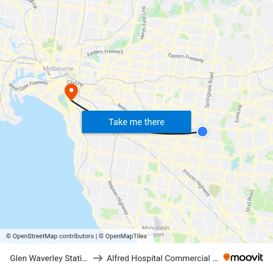 Glen Waverley Bus Interchange to Alfred Hospital Commercial Rd map