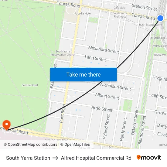 South Yarra Station to Alfred Hospital Commercial Rd map