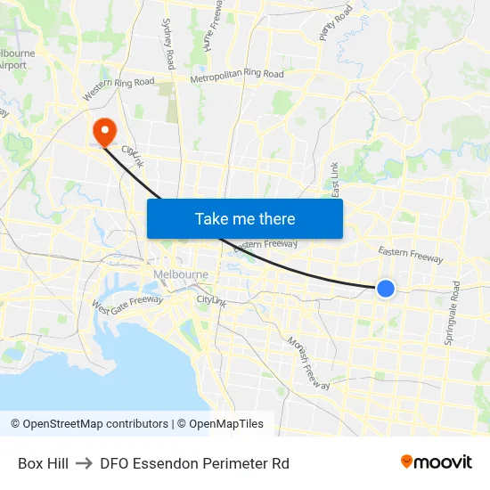 Box Hill to DFO Essendon Perimeter Rd map