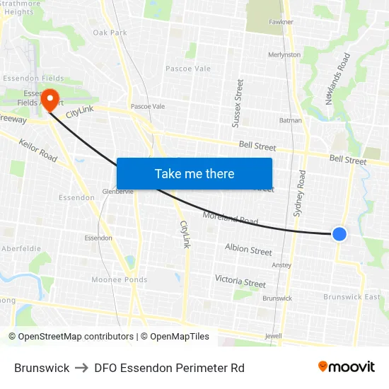 Brunswick to DFO Essendon Perimeter Rd map