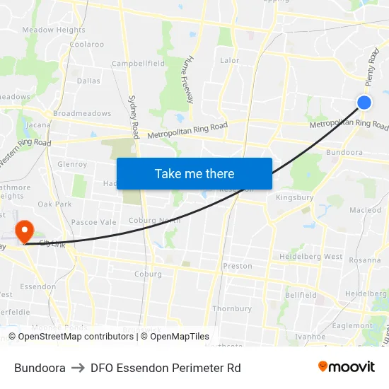 Bundoora to DFO Essendon Perimeter Rd map
