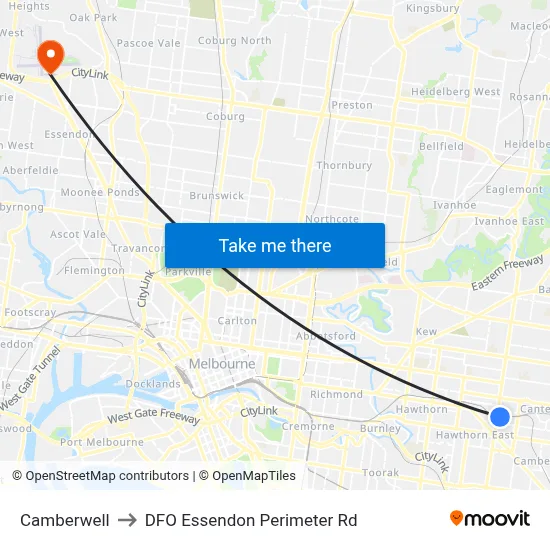Camberwell to DFO Essendon Perimeter Rd map