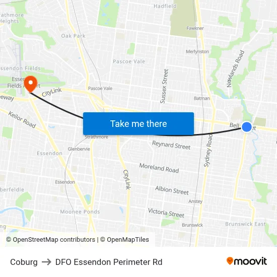 Coburg to DFO Essendon Perimeter Rd map