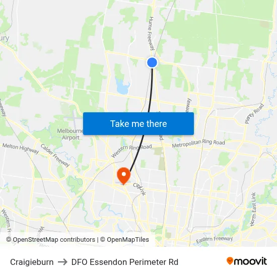 Craigieburn to DFO Essendon Perimeter Rd map