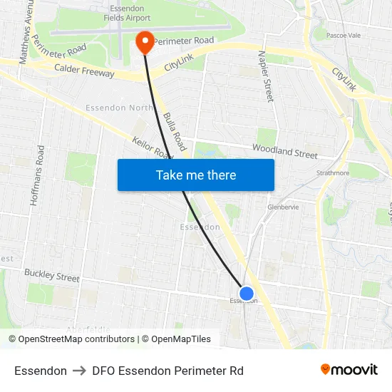 Essendon to DFO Essendon Perimeter Rd map