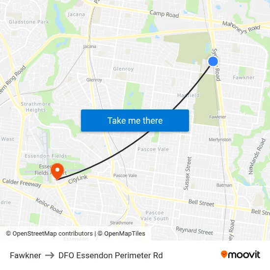 Fawkner to DFO Essendon Perimeter Rd map