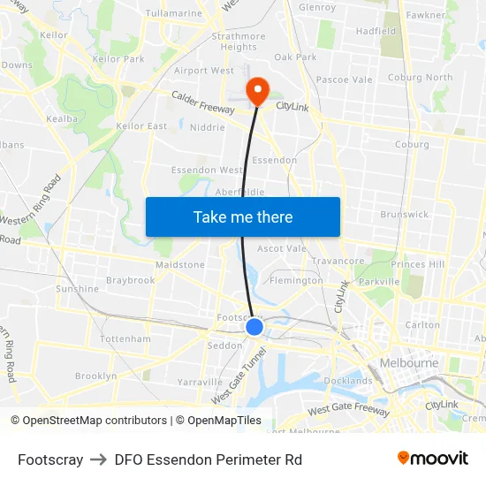 Footscray to DFO Essendon Perimeter Rd map