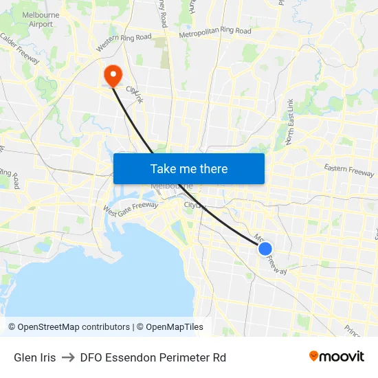Glen Iris to DFO Essendon Perimeter Rd map