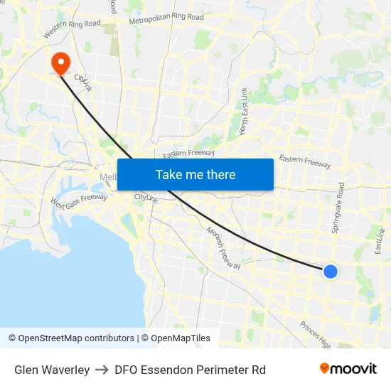 Glen Waverley to DFO Essendon Perimeter Rd map