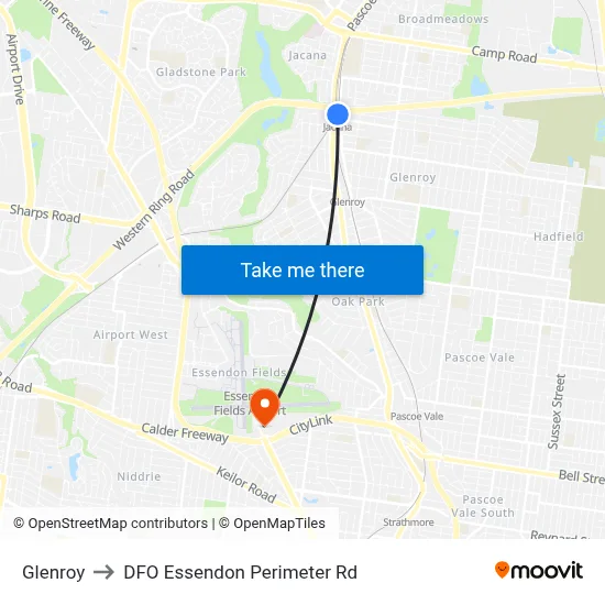 Glenroy to DFO Essendon Perimeter Rd map
