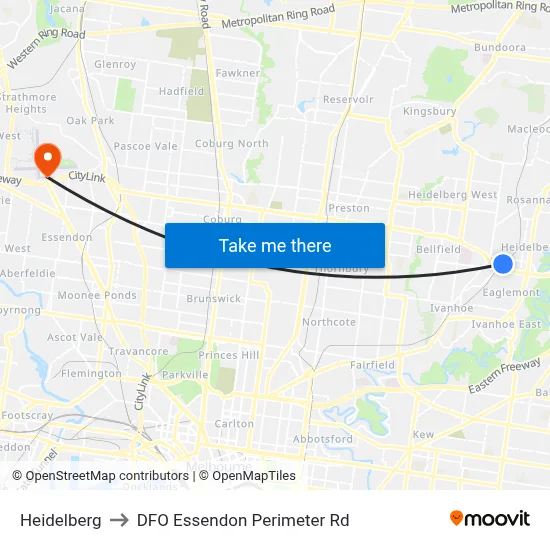Heidelberg to DFO Essendon Perimeter Rd map