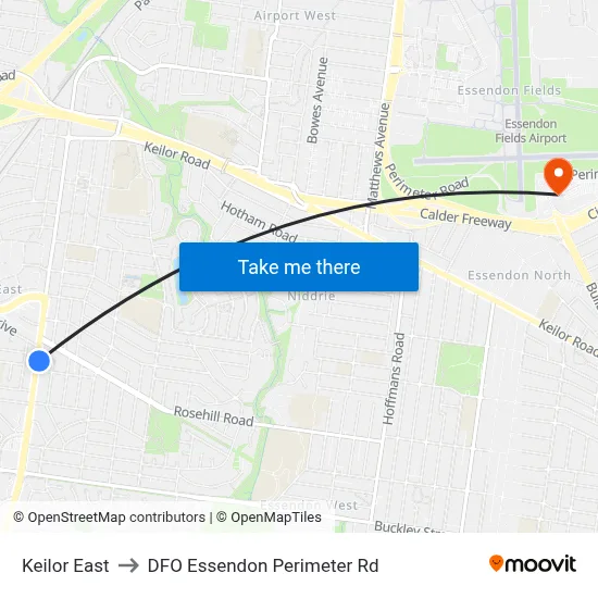 Keilor East to DFO Essendon Perimeter Rd map