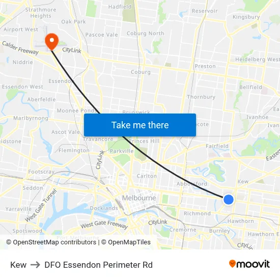Kew to DFO Essendon Perimeter Rd map