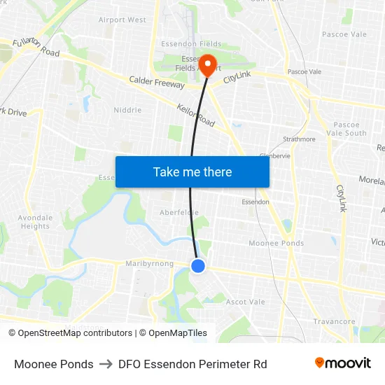 Moonee Ponds to DFO Essendon Perimeter Rd map