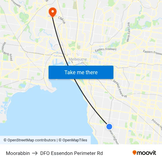 Moorabbin to DFO Essendon Perimeter Rd map