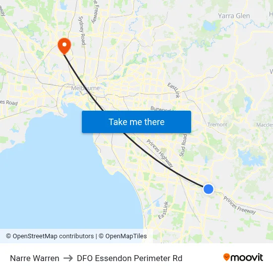 Narre Warren to DFO Essendon Perimeter Rd map