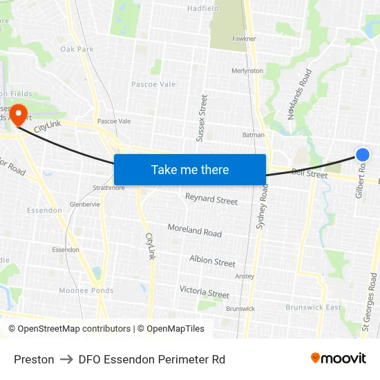 Preston to DFO Essendon Perimeter Rd map