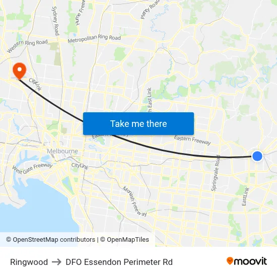 Ringwood to DFO Essendon Perimeter Rd map