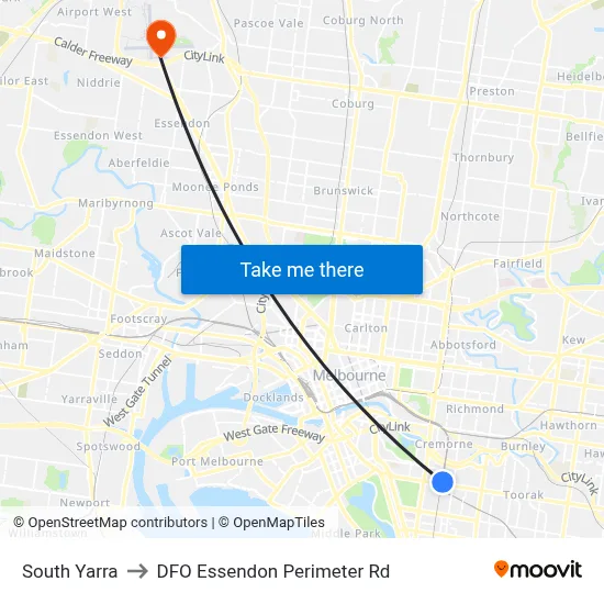 South Yarra to DFO Essendon Perimeter Rd map