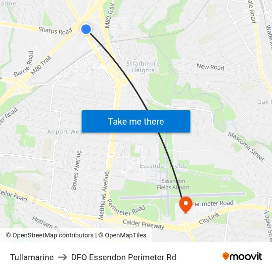 Tullamarine to DFO Essendon Perimeter Rd map