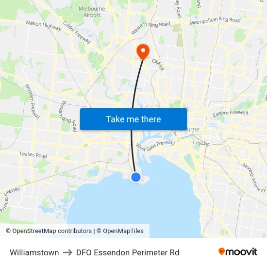 Williamstown to DFO Essendon Perimeter Rd map