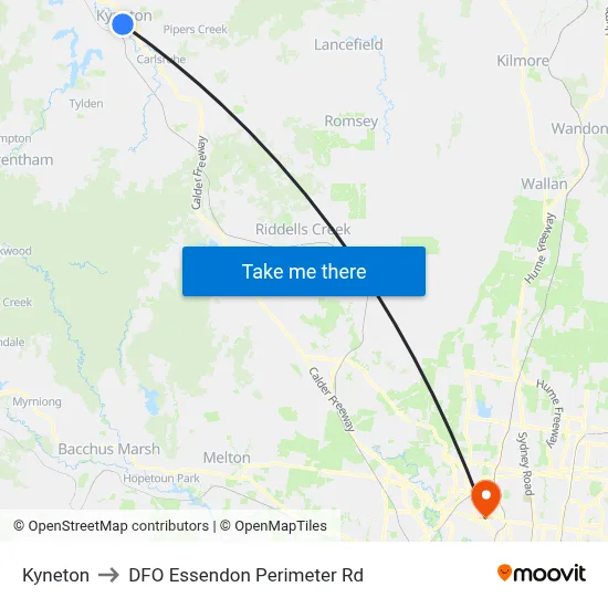 Kyneton to DFO Essendon Perimeter Rd map
