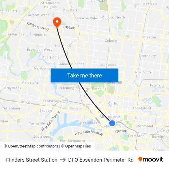 Flinders Street Station to DFO Essendon Perimeter Rd map
