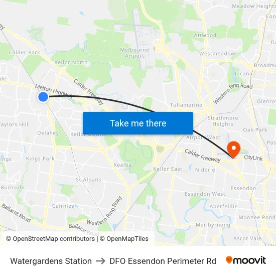 Watergardens Station to DFO Essendon Perimeter Rd map