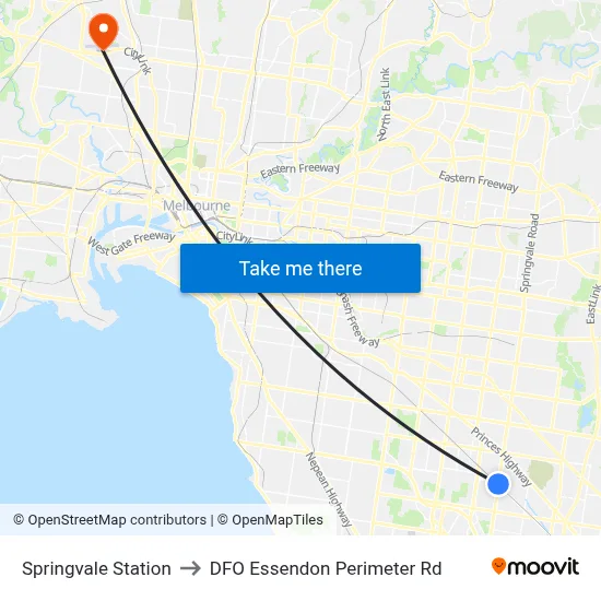 Springvale Station to DFO Essendon Perimeter Rd map