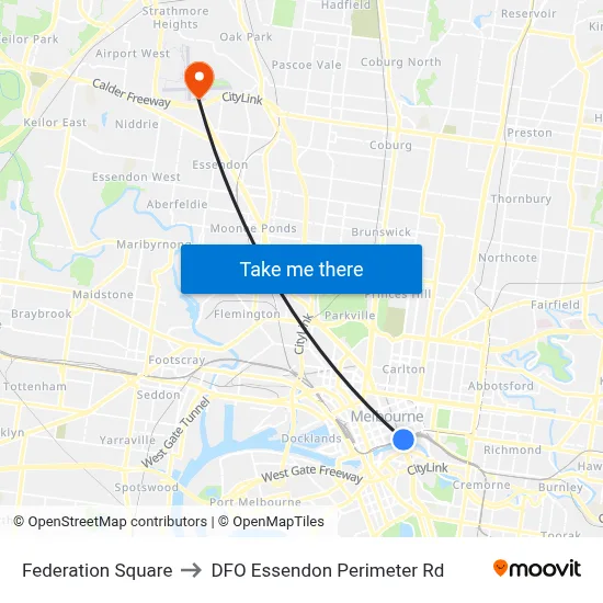 Federation Square to DFO Essendon Perimeter Rd map