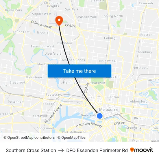 Southern Cross Station to DFO Essendon Perimeter Rd map