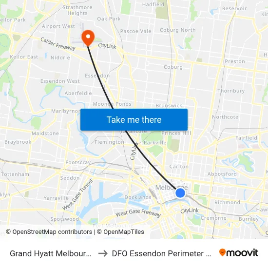 Grand Hyatt Melbourne to DFO Essendon Perimeter Rd map