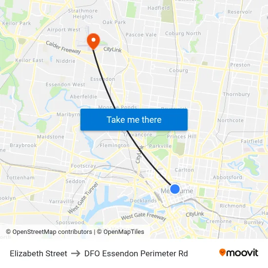 Elizabeth Street to DFO Essendon Perimeter Rd map