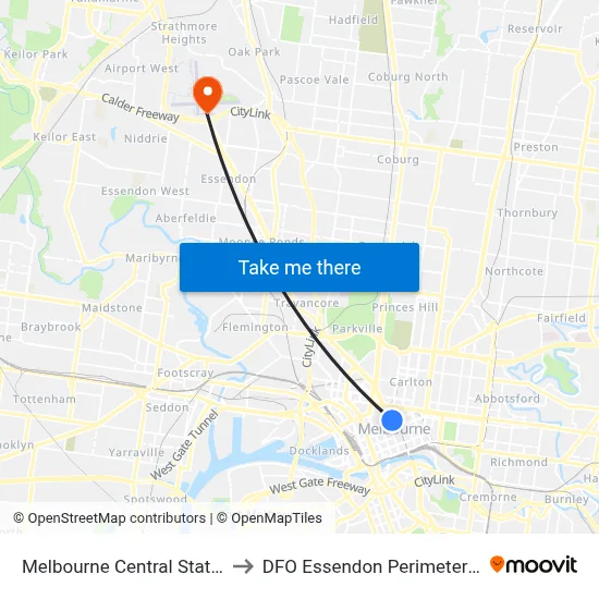 Melbourne Central Station to DFO Essendon Perimeter Rd map
