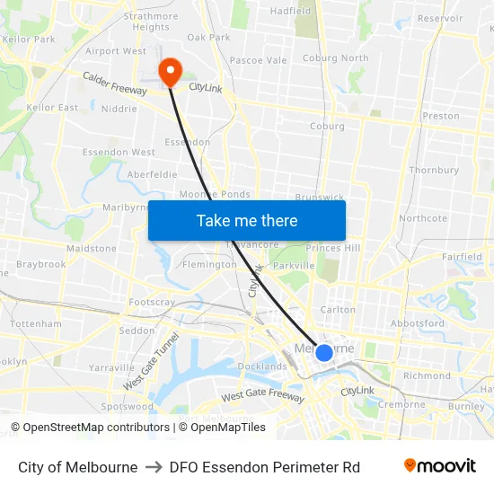City of Melbourne to DFO Essendon Perimeter Rd map