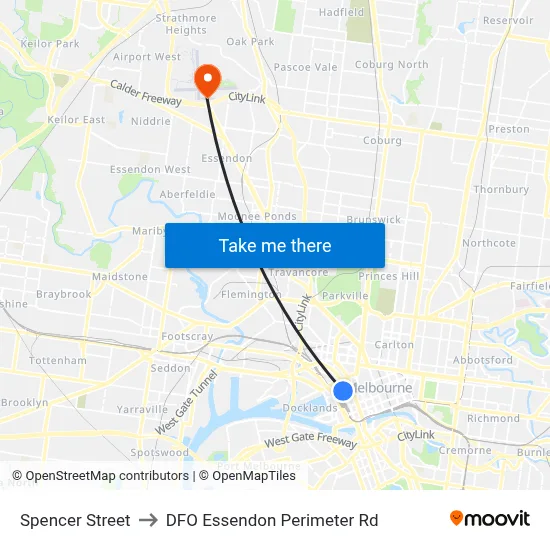 Spencer Street to DFO Essendon Perimeter Rd map