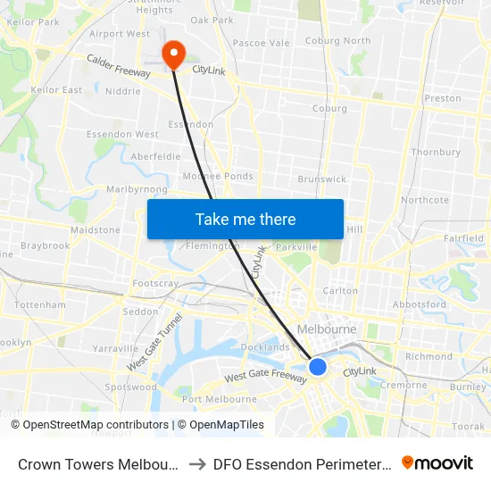 Crown Towers Melbourne to DFO Essendon Perimeter Rd map