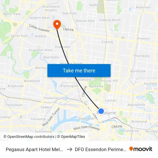Pegasus Apart Hotel Melbourne to DFO Essendon Perimeter Rd map