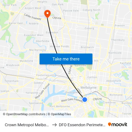 Crown Metropol Melbourne to DFO Essendon Perimeter Rd map