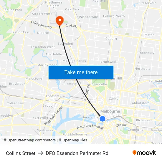 Collins Street to DFO Essendon Perimeter Rd map
