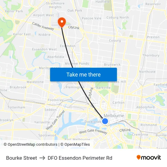 Bourke Street to DFO Essendon Perimeter Rd map