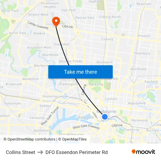 Collins Street to DFO Essendon Perimeter Rd map