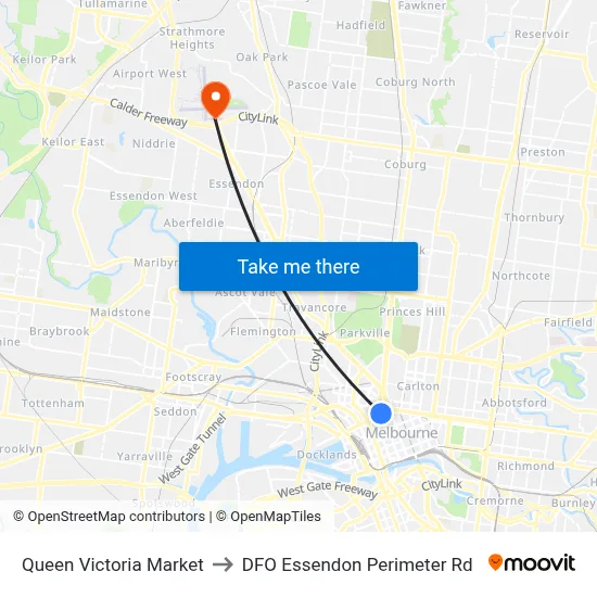 Queen Victoria Market to DFO Essendon Perimeter Rd map
