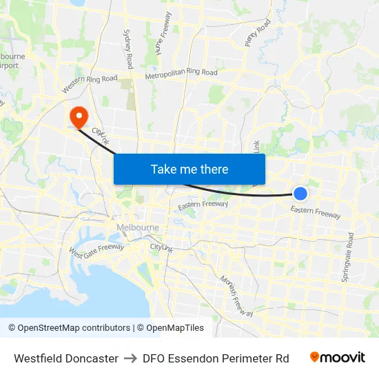 Westfield Doncaster to DFO Essendon Perimeter Rd map