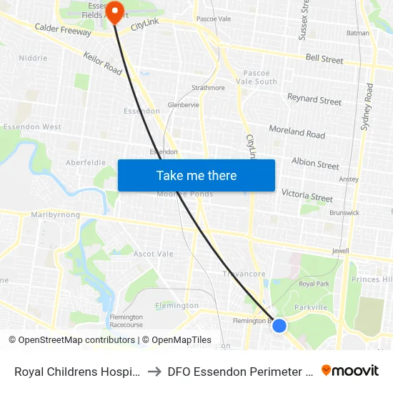 Royal Childrens Hospital to DFO Essendon Perimeter Rd map