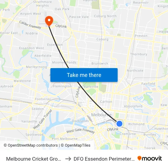 Melbourne Cricket Ground to DFO Essendon Perimeter Rd map