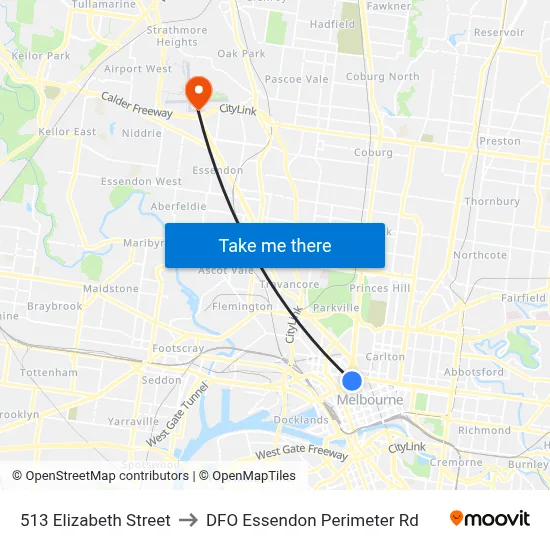 513 Elizabeth Street to DFO Essendon Perimeter Rd map
