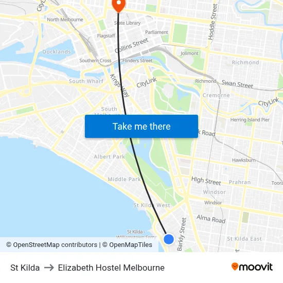 St Kilda to Elizabeth Hostel Melbourne map