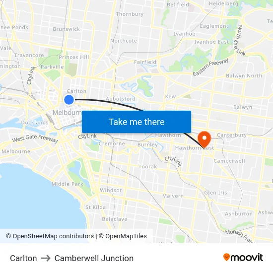 Carlton to Camberwell Junction map